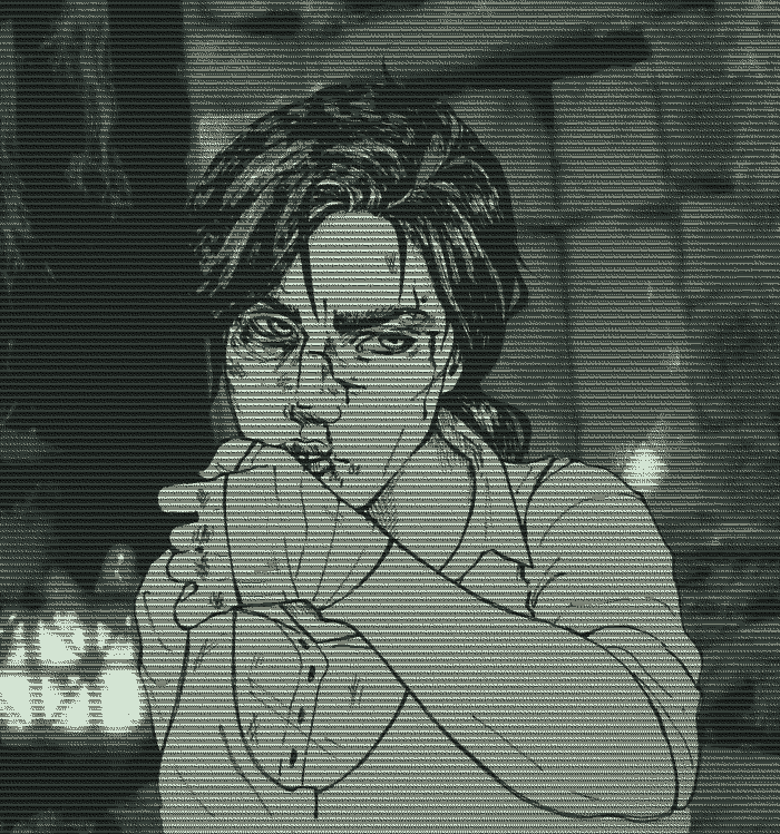 Artwork of a young human woman with dark hair. She has a bloody face, and is wiping her lip as if in a fight.